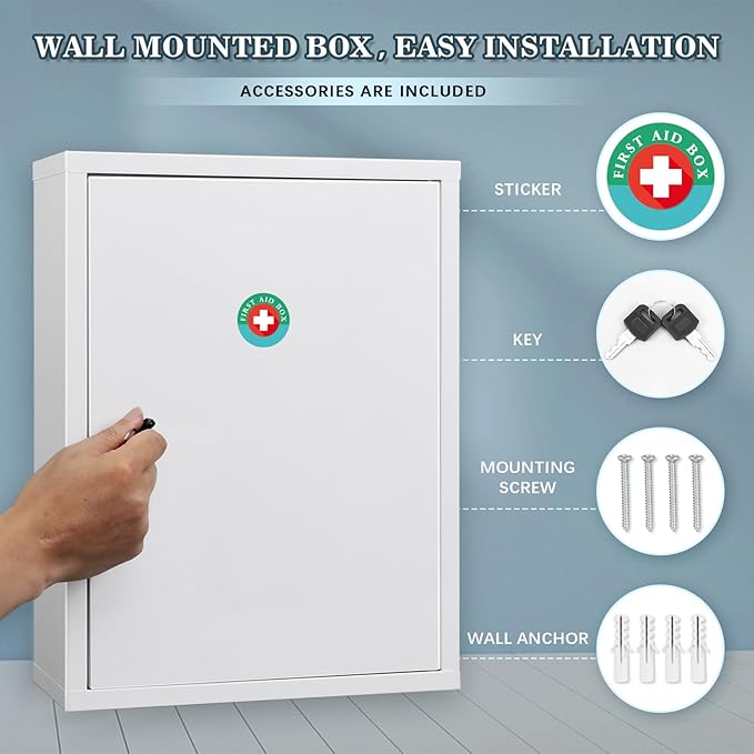 KYODOLED Wall Mount Locking Medicine Cabinet, Large Capacity First Aid Cabinet for Bathroom, Medicine Cabinet with Key, Secur