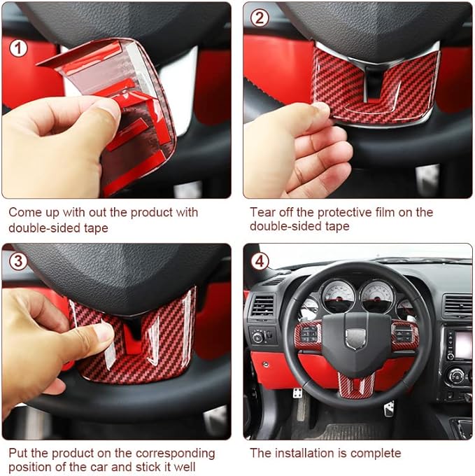 Linskip Steering Wheel Trim Compatible with Dodge Journey 2013-2022 & Charger/Challenger/Durango/Dart 2009-2014, Steering Wheel Cover for Journey Interior Accessories 3Pcs(Red Carbon Fiber)