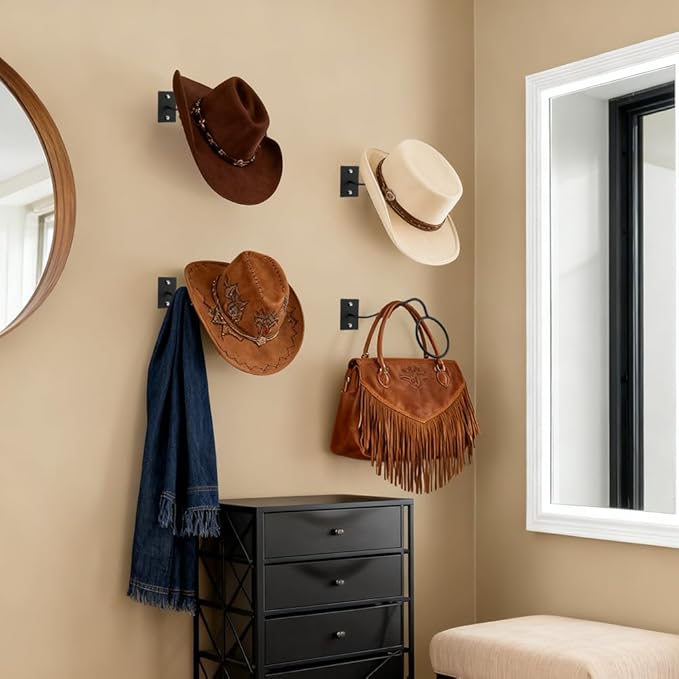 4 Pack Cowboy Hat Rack for Wall, Wall Mount Metal Hats Organizer Storage for Cowboy Hat, Fedora, Sun Hats,Wide Brim
