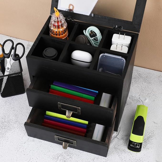 Wooden Storage Box Wooden Desk Organizer with 2 Drawers and 6 Grids Apothecary Drawers Small Wooden Drawers Small Craft Stora