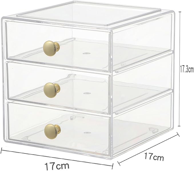 AJIODA Makeup Drawer Organizer Box with 3 Drawers, Acrylic Cosmetic Display Case Vanity Organizer Jewelry Storage Box Stackab