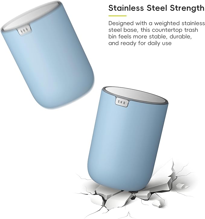 EKO Fandy 0.58 Gal/2.2L Mini Trash Can with Lid, Swing-Top Desktop Trash Can for Bathroom, Countertop, Vanity, Desk or Office, Small Garbage Bin (Blue)