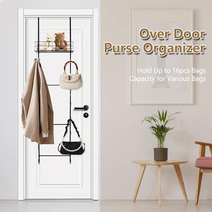 Over The Door Purse Organizer, Hanging Purse Organizer, Wall-Mounted Handbag Storage Rack with 16 Hooks & Metal Basket, Space