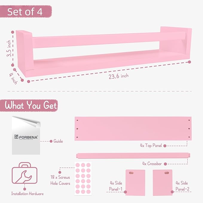 Forbena Large Pink Kids Book Shelves for Girls Room Wall Set of 4, Floating Nursery Book Shelf for Baby Girl Deocr, 24 Inches