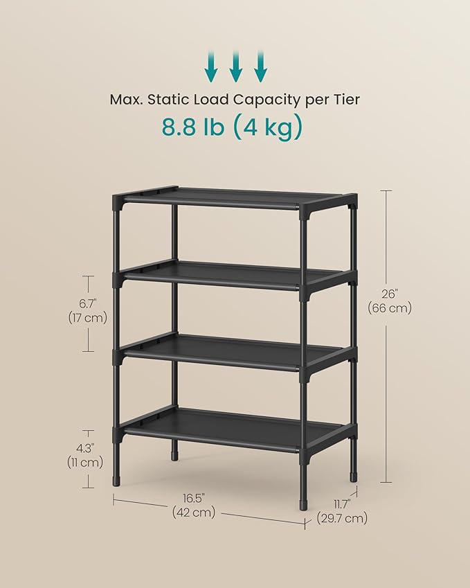 SONGMICS Shoe Rack, 4-Tier Shoe Storage Organizer, Space-Saving, 11.7 x 16.5 x 26 Inches, Entryway, Metal Frame, Non-Woven Fa