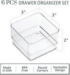 STORi SimpleSort 6-Piece Stackable Clear Drawer Organizer Set | 3" x 3" x 2" Square Trays | Small Makeup Vanity Storage Bins 