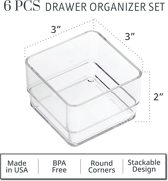 STORi SimpleSort 6-Piece Stackable Clear Drawer Organizer Set | 3" x 3" x 2" Square Trays | Small Makeup Vanity Storage Bins 