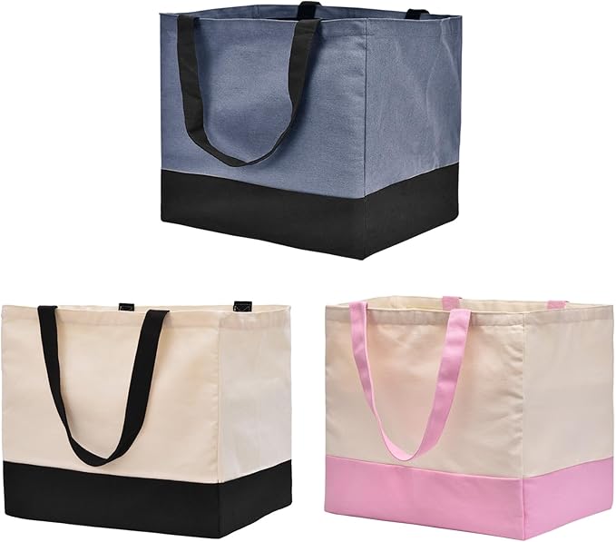 3 Pack Canvas Reusable Grocery Bags Heavy Duty（Blue + Pink + Black）, 8.3 gal Foldable Large Tote Bag with Handles, Holds 60 lbs Canvas Shopping Bags & Washable Eco-friendly Bags with 5 Pockets