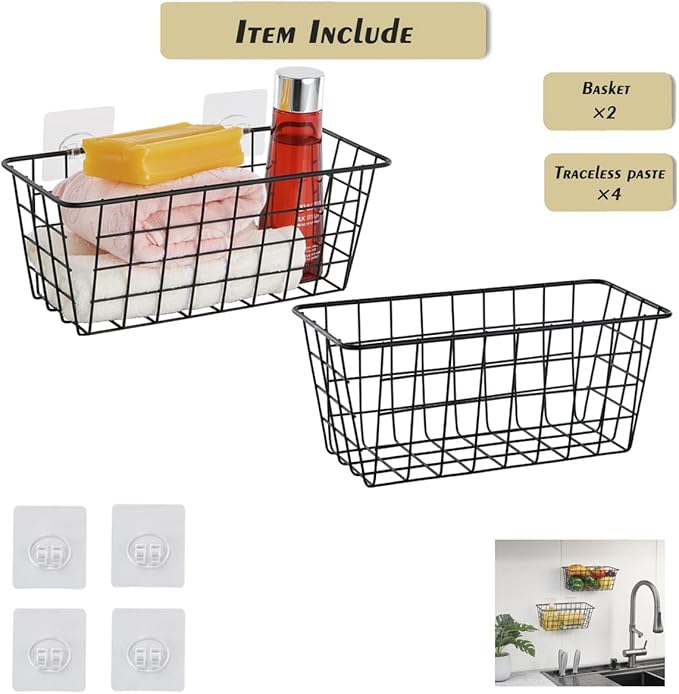 JUNCHU CHERRY 2 Pack Hanging Storage Basket, Bathroom Basket, Household Goods, with Traceless Tape, no Drilling, for Cabinet 