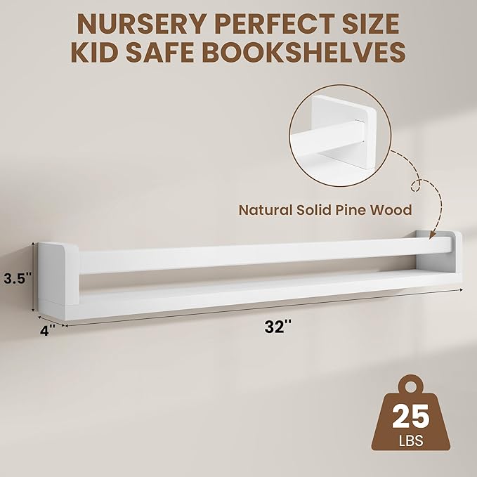 Fun Memories Nursery Book Shelves Set of 2, 32 Inch Solid Wood Wall Book Shelves, Kids Room Floating Shelves Organizer & Toy 