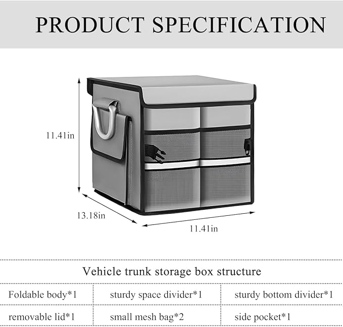 Trunk Organizer With Lid, Collapsible Waterproof Oxford Car Organizer with Aluminum Handle Base Plate, 2-Compartment 28L