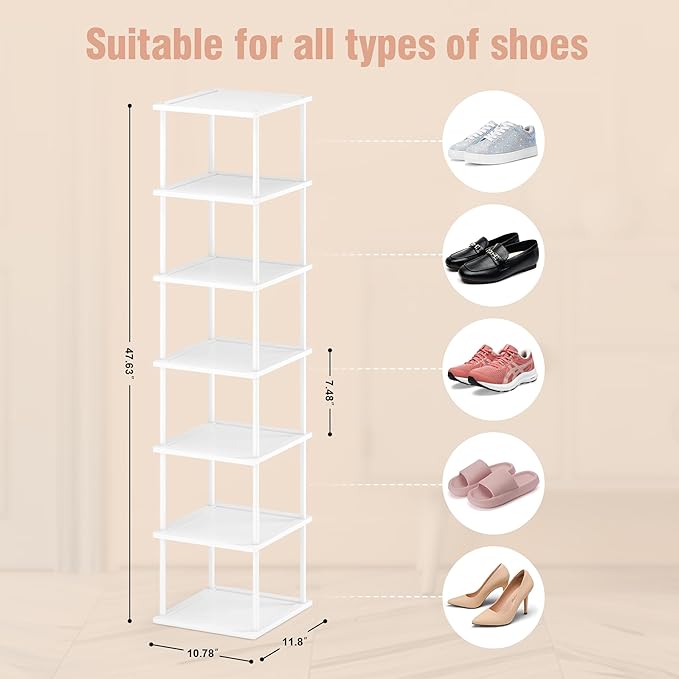Vertical Tall Shoe Rack Organizer for Entryway -7 Tier Free Standing Slim Narrow Bamboo Wood Corner Stackable Shoe Boots Stor