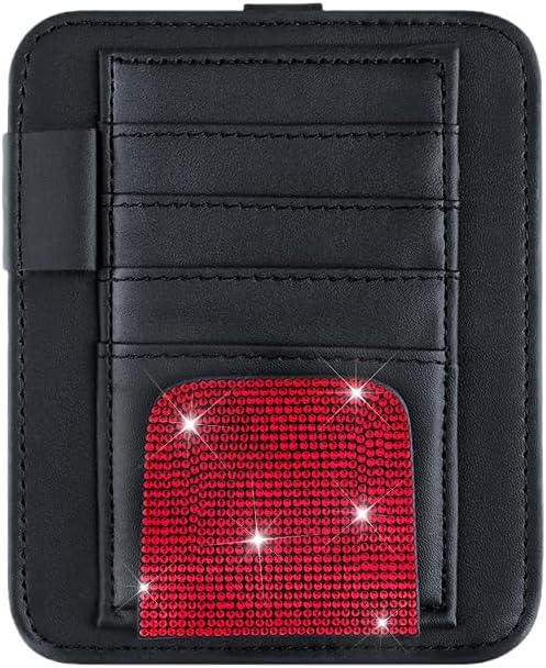 Bling Car Sun Visor Organizer, Rhinestone Multi-Pocket Truck Visor Organizer Pouch with Visor Pen Holder,Glasses Holder,Universal Sunvisor Organizers for Most Cars SUVs -Red