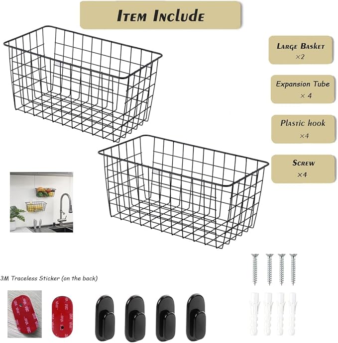 2 Pack【Extra Large】Hanging Kitchen Basket,Wire Storage Basket,with Traceless Tape and 3M High-Strength Plastic Hooks,no Drill