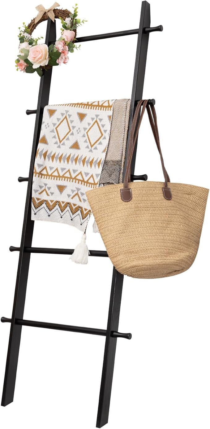 5-Tier Blanket Ladder – 4.8 Ft Wall Leaning Quilt Rack, Farmhouse Blanket Storage for Living Room, Bedroom & Bathroom – Rusti