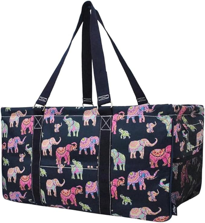 NGIL Extra Large Utility Tote Reusable Grocery Bag Oversized Collapsible for Groceries, Storage, Picnic, Beach (Bohemian Elephant-NAVY)