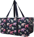 NGIL Extra Large Utility Tote Reusable Grocery Bag Oversized Collapsible for Groceries, Storage, Picnic, Beach (Bohemian Elephant-NAVY)