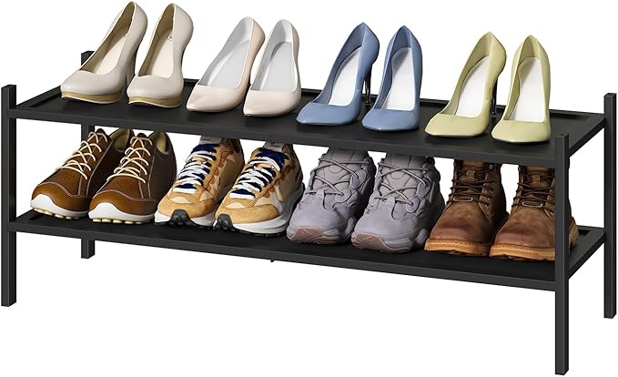 Kiplant Black 2-Tier Long Stackable Bamboo Wood Shoe Rack for Closet, Entryway & Hallway