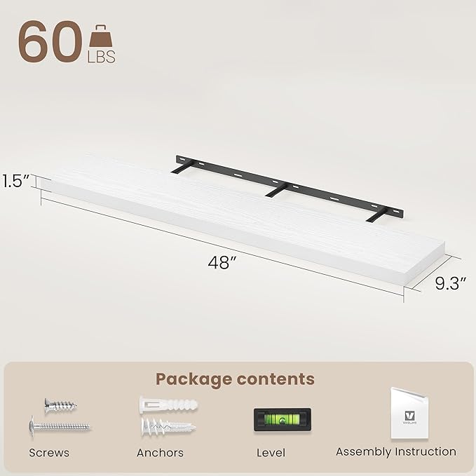 Vivelove White Floating Shelves 48 Inches Long, Wall Display Shelves with Invisible Brackets, for Bathroom Living Room Kitche