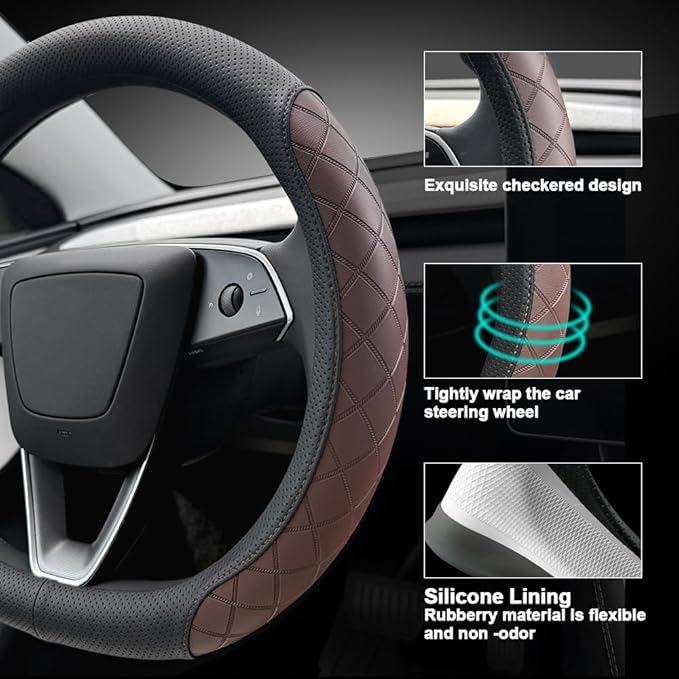LKWLIKEI Leather Steering Wheel Cover. Elegant Diamond Checkered Design, Non-Slip and Breathable, for Tesla Model 3/Y Steerin