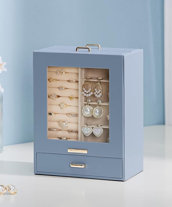 Homde Jewelry Organizer Girls Women Jewelry Box for Necklaces Rings Earrings Gift Bracelets Storage Case (Grey Blue + Gold)