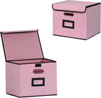 Large Square Storage Bin with Lid, Foldable Organizer Box with Handles & Label Design, for Office, Closet, Home, Documents, P