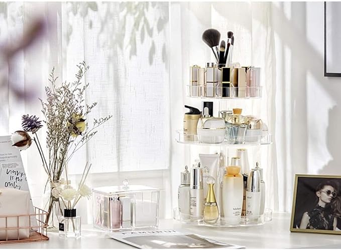 360 Rotating Makeup Organizer with 3 Layers, Adjustable Cosmetic Storage Rack, Large Capacity Makeup Display Case for Skincar