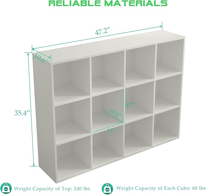 OSCHF 12-Cube Storage Shelf Bookcase - Wooden 3-Tier Floor Standing Open Bookshelf for Home and Office, Display Cabinet, Warm