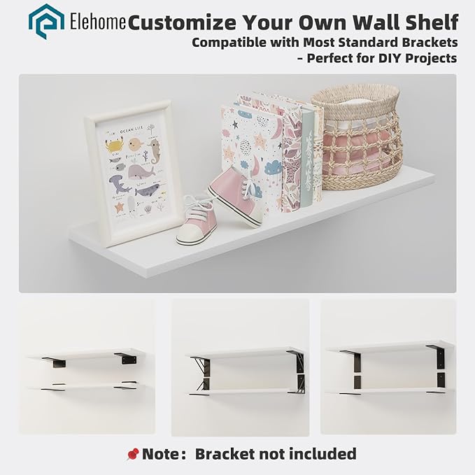 Floating Shelf Board for Wall 5/8" – No Brackets – 24" L x 12" W x 0.6" T White Melamine Wood Floating Shelves for Bathroom, 