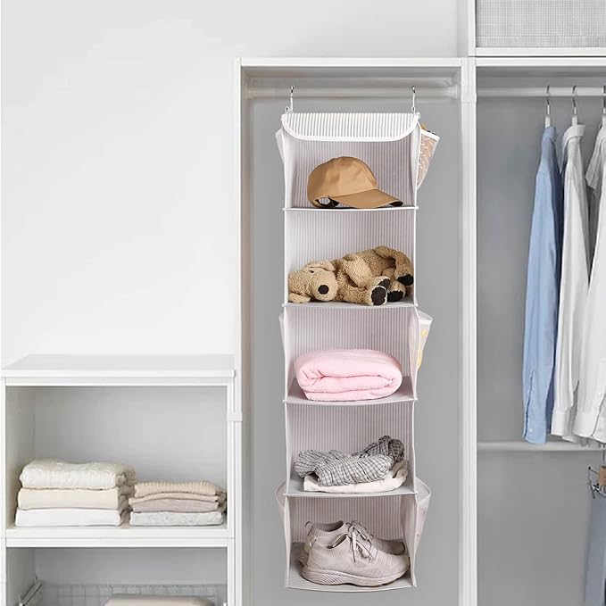 BrilliantJo 5 Shelves Hanging Closet Organizer, 2 Pack Hanging Storage with 6 Side Pockets for Clothes Shoes, 43"x12"x12"(Str