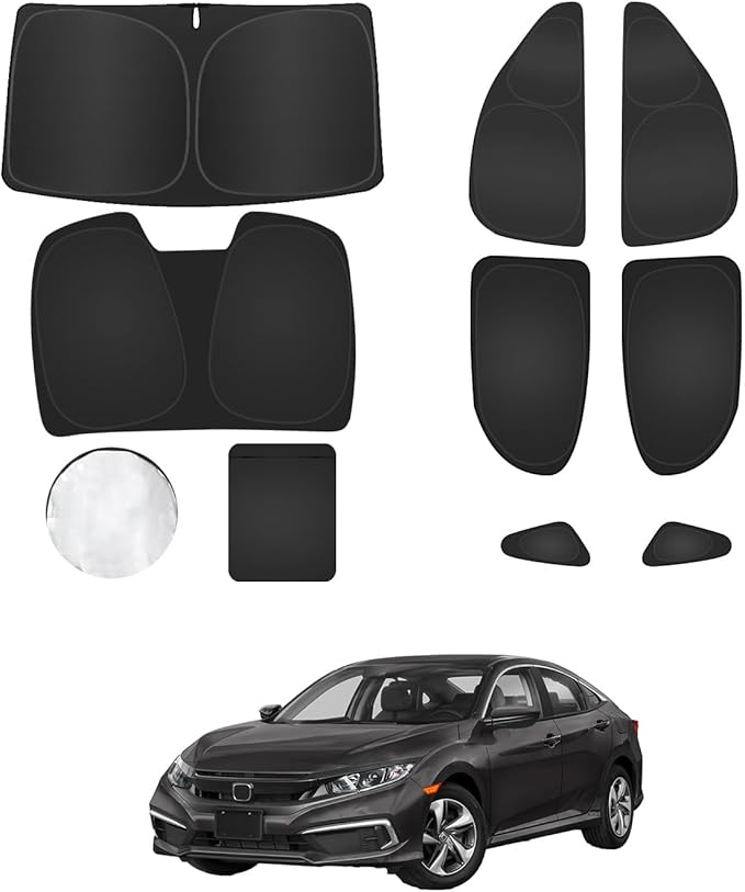 8PCS Window Shades for Honda Civic(2016-2021) Accessories – Full Coverage Sun Shade for Side Windows, Rear Triangular & Windshield – UV Protection & Privacy for Camping, Napping, Relaxing