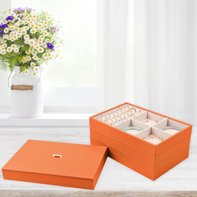 Voova Stackable Jewelry Organizer Tray with Lid, PU Leather Jewelry Storage Holder for Drawer Inserts, Jewellery Display Box 