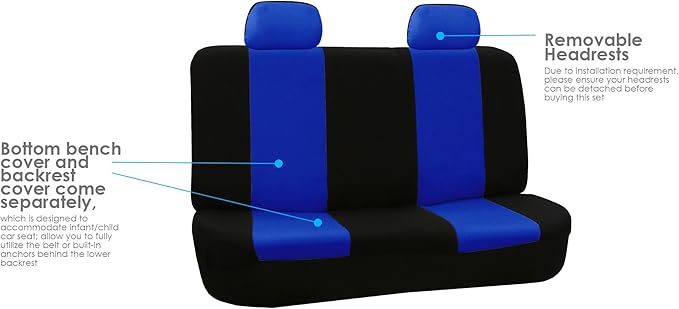 FH Group Car Seat Covers Flat Cloth Automotive Blue Full Set, Rear Solid Bench Universal Fit Combo Steering Wheel Cover & Seat Belt Pads Car Seat Protector for Cars Trucks SUV Interior Accessories