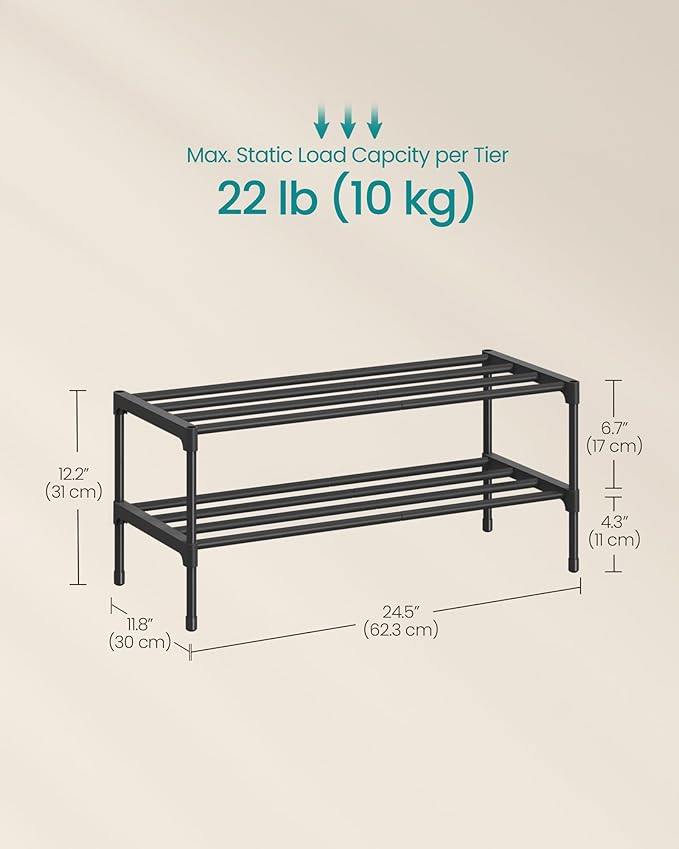 SONGMICS 2-Tier Shoe Rack for Closet, Compact Metal Shoe Organizer Shelf for Entryway, Bedroom, Small Spaces, Stackable, 11.8