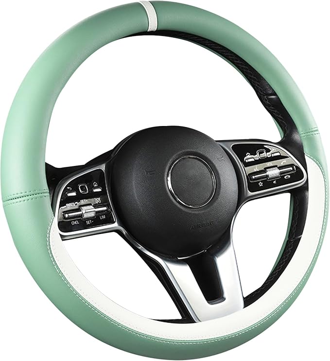 Green & White Nappa Leather Steering Wheel Cover, Cute Car Steering Wheel Cover for Men Women, 14.5-15 Inch Non-Slip Breathab