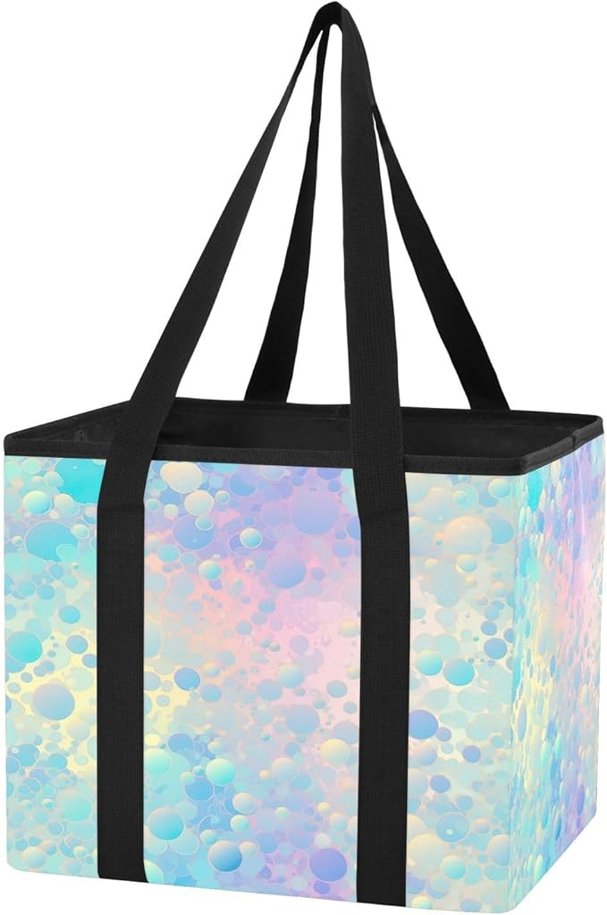 Pastel Rainbow Reusable Grocery Bags Large Shopping Tote Bag with Reinforced Bottom Board, Water Resistant Foldable Storage B