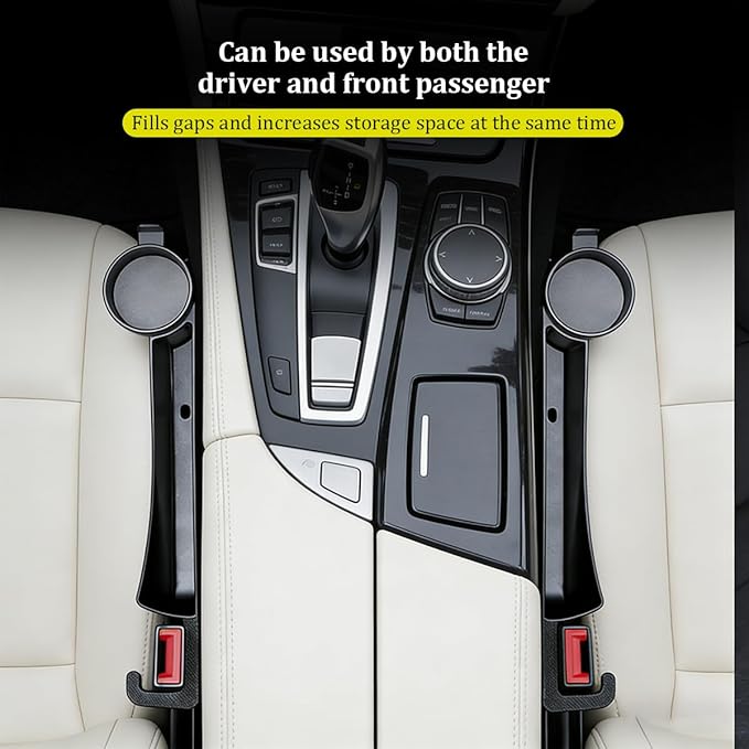 2PCS Car Seat Gap Filler, Soft Carbon Fiber Vehicle Between Seat and Console Organizer with Cup Holder, Prevent Falling Automotive Interior Chair Gap Plug, Universal Fit (Black)