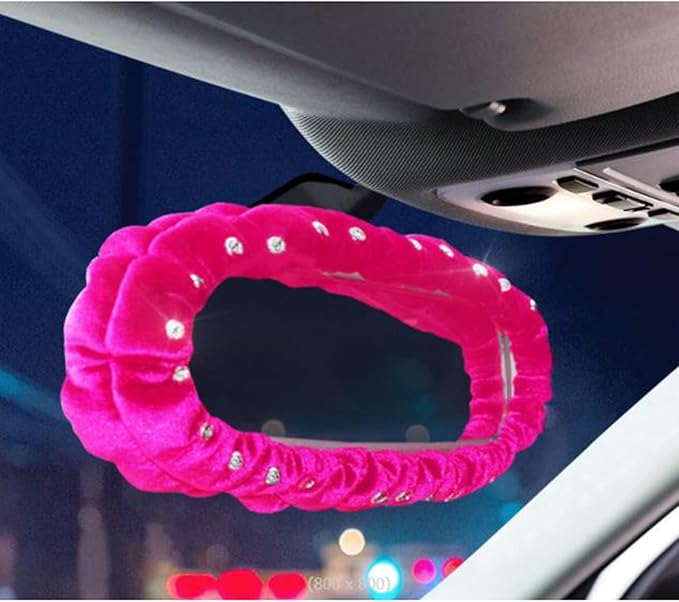 Plush Car Stretchy Rear View Mirror Cover with Rhinestone Decor for Women-Pink