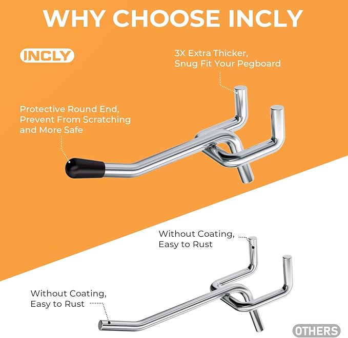 INCLY 50 Pack 2 Inch Pegboard Hooks, 1/4" Heavy Duty Peg Board Hooks Accessories with Rubber Tipped, Peg Board Tool Hangers F