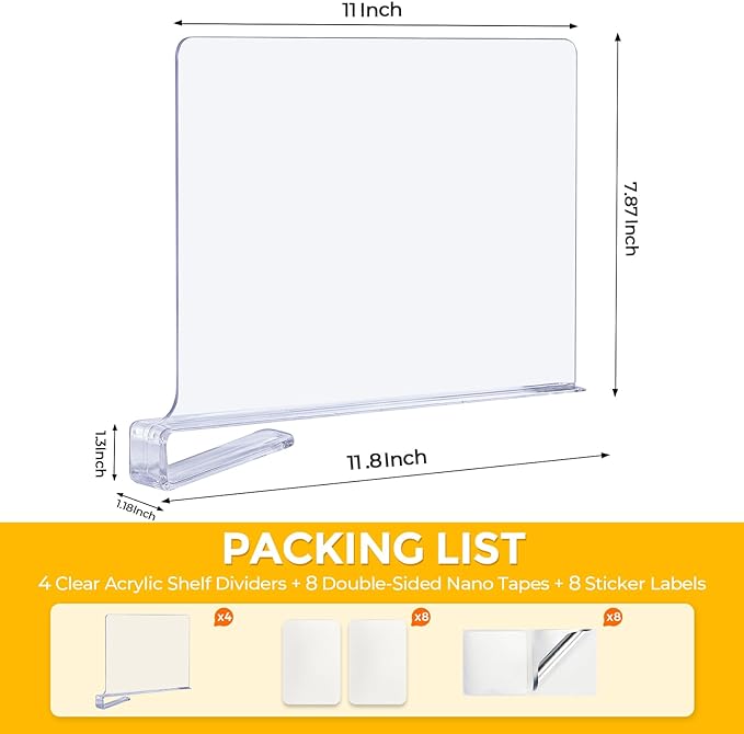 JOY DECOR 8 Pack Acrylic Clear Shelf Dividers for Closets Organizer and Storage Adjustable Vertical Wood Shelf Closet Separat