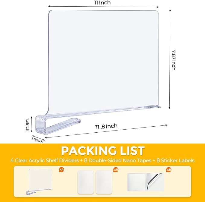 JOY DECOR 2 Pack Acrylic Clear Shelf Dividers for Closets Organizer and Storage Adjustable Vertical Wood Shelf Closet Separat