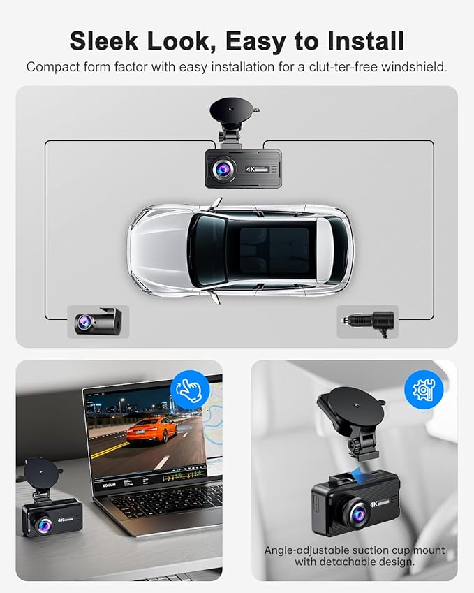 Dash Cam Front and Rear, 4K FHD Dual Dash Camera for Cars Built-in 5G WiFi GPS, 64GB Card Included, Car Camera with 3" IPS To