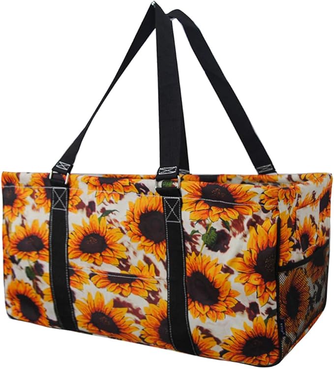 NGIL Extra Large Utility Tote Reusable Grocery Bag Oversized Collapsible for Groceries, Storage, Picnic, Beach (Sunflower W/Cow-black)
