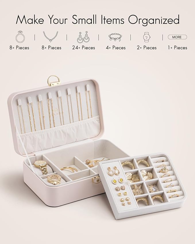 Vlando 2 Layer Jewelry Box,Jewelry Organizer Storage Lockable Earring Organizer Removable Jewelry Tray with Watch Pillow for 