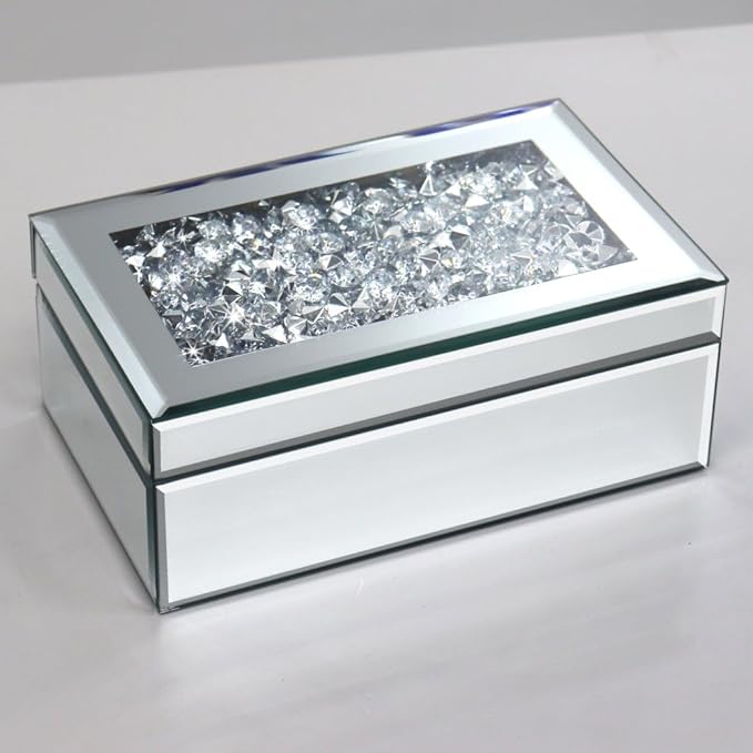 QMDECOR Luxury Silver Crushed Diamond Glass Mirrored Jewelry Organizer Box Storage