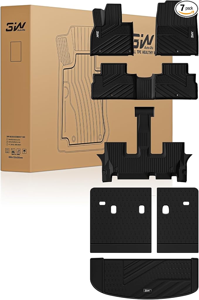 3W Floor Mats & Cargo Liner with Backrest Mats for 2025-2020 Kia Telluride 7&8 Seats, TPE All Weather Custom Fit Floor Liners with Full Set Kia Telluride Floor Mats & Trunk Mats Accessories, Black