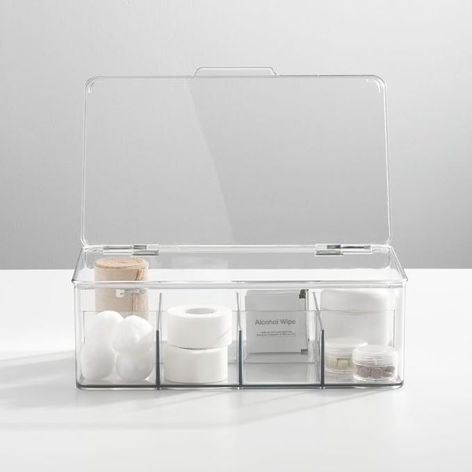 mDesign Plastic Divided First Aid Storage Box Kit with Hinge Lid for Bathroom, Kitchen, Cabinet, Closet - Organize Medicine, 