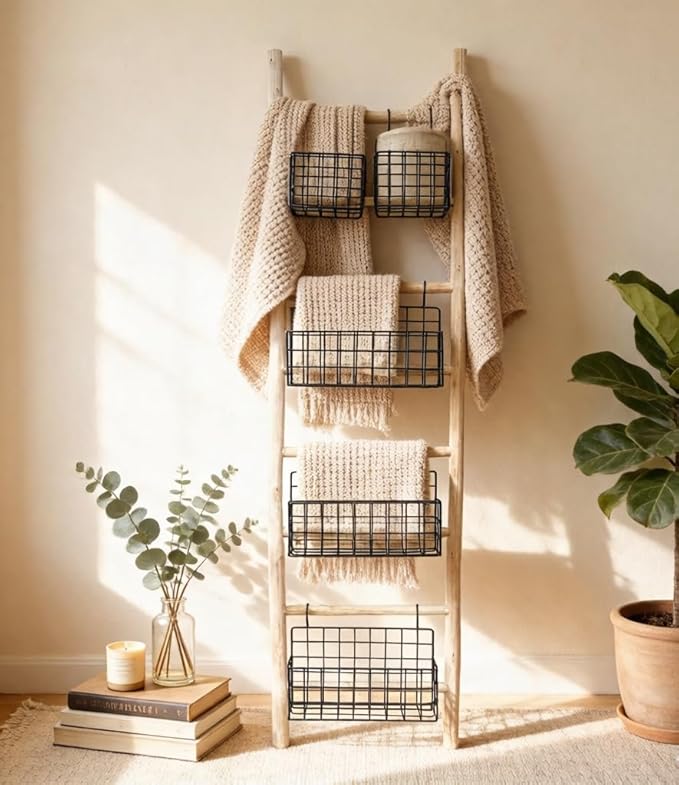 PARISLOFT 8-Tier Wooden Blanket Ladder with 5 Removable Baskets, Farmhouse Leaning Ladder Shelves for Living Room & Bedroom, 