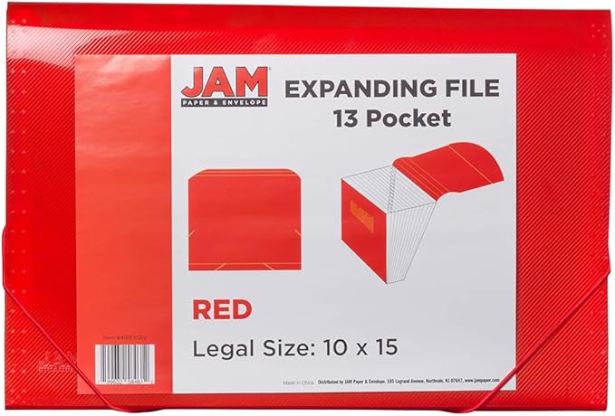 JAM Paper Accordion Folders - 13 Pocket Plastic Expanding File - Legal Size - 10 x 15 - Red - Sold Individually