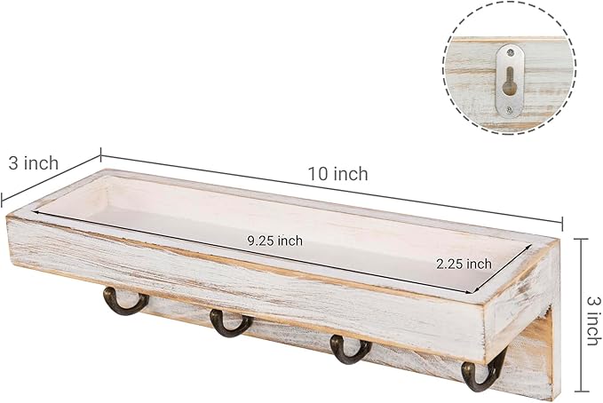 MyGift 10 Inch Floating Wall Shelf with Hooks, Whitewashed Wood Entryway Storage Shelf with 4 Metal Key Hooks